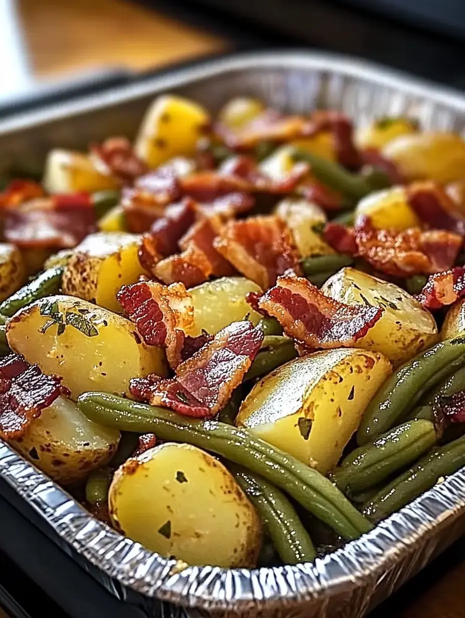 Gros plan sur un plat avec pommes de terre rôties, haricots verts et bacon croustillant.