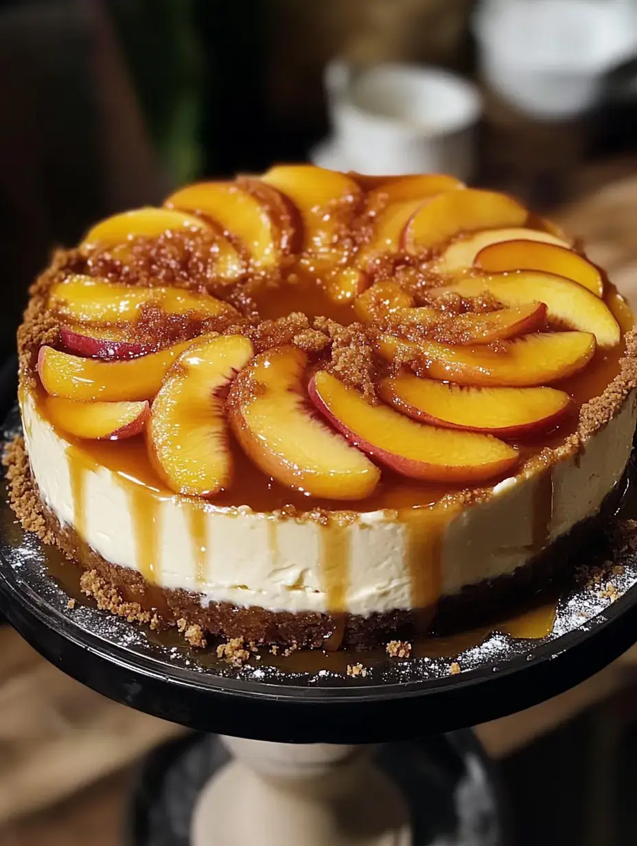 Un joli cheesecake décoré nappé de caramel et de pêches, posé sur une jolie assiette noire.