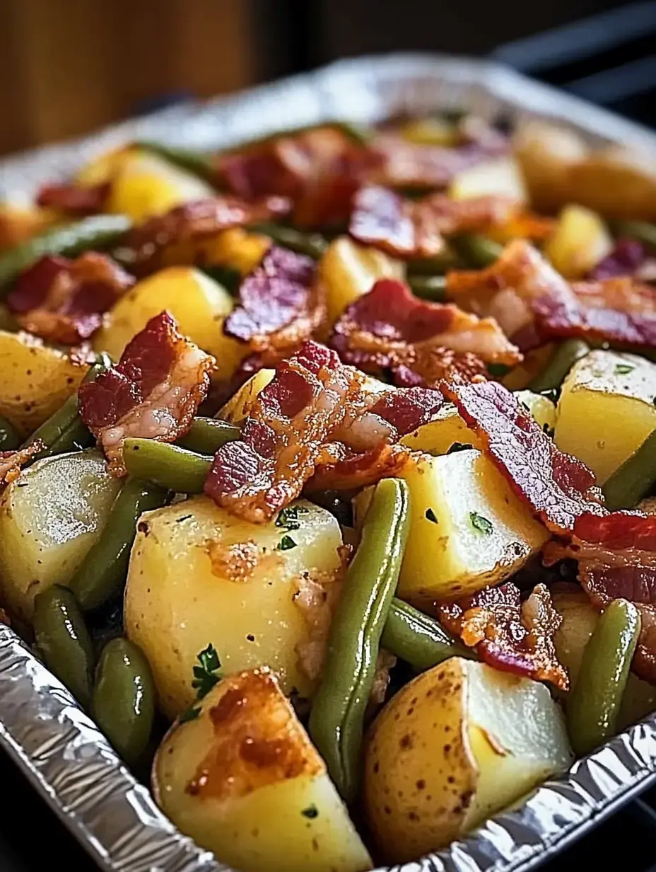 Zoom sur un plat avec pommes de terre dorées, haricots verts et morceaux de bacon croustillants dans une barquette en alu.