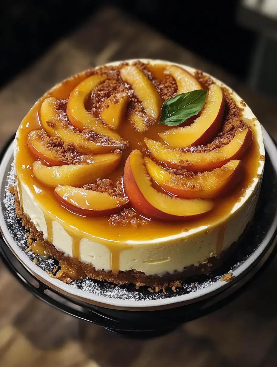 Un beau cheesecake décoré de pêches, caramel coulant et un brin de menthe.