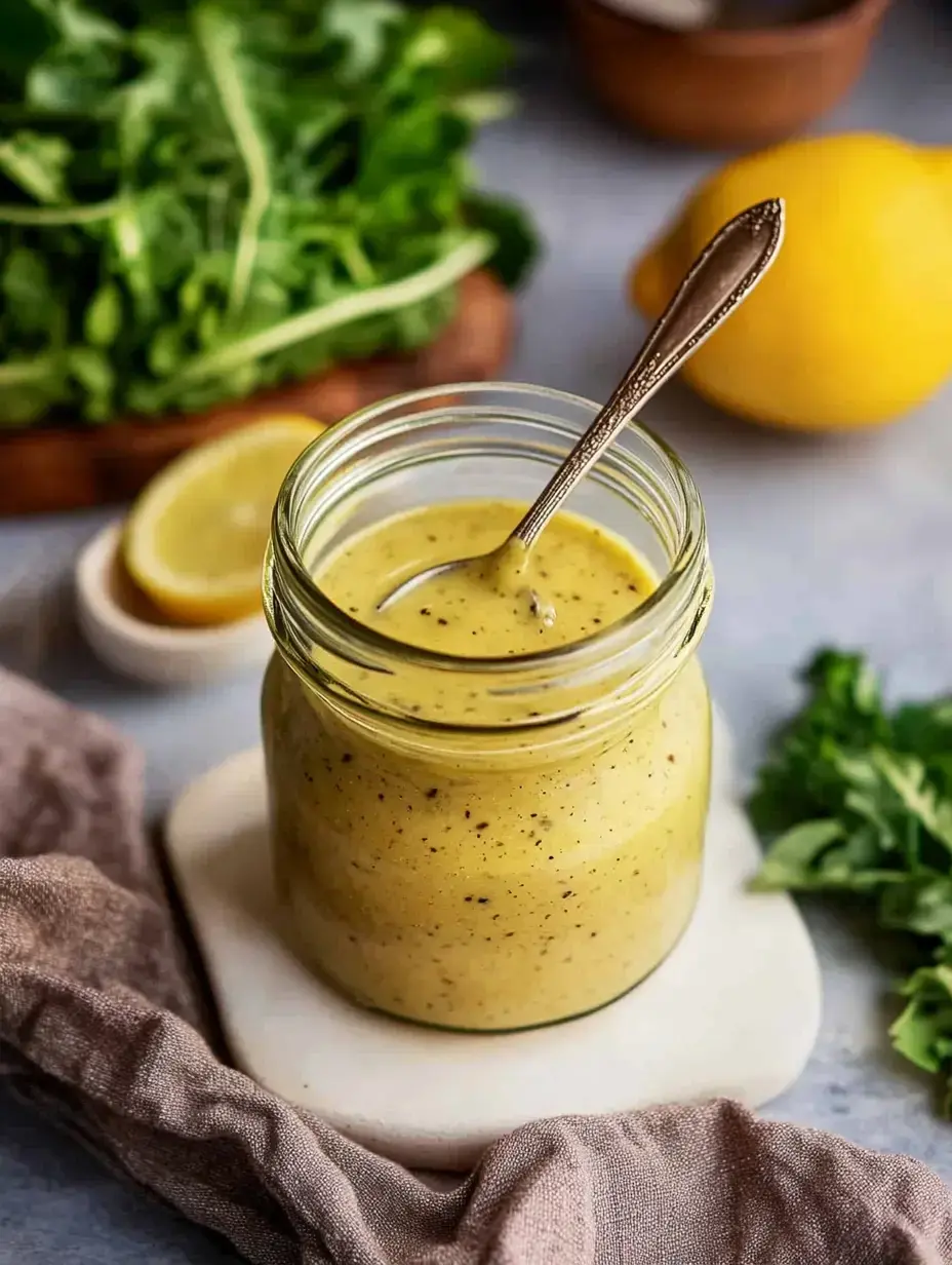 Un petit bocal de sauce jaune onctueuse posée sur une surface claire, entouré de feuilles vertes et de rondelles de citron.