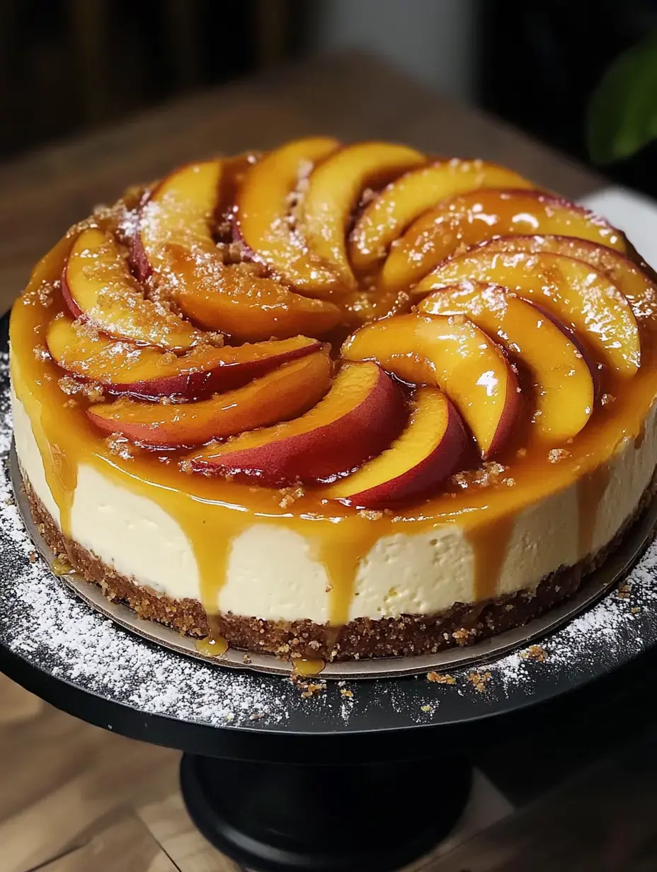 Un cheesecake bien crémeux recouvert de pêches et de filet de caramel, sur un joli plateau rond.