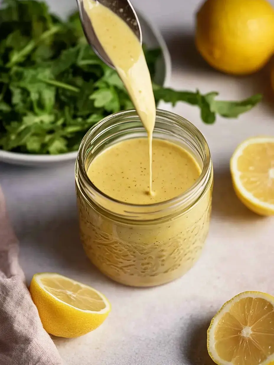 Un bocal de sauce jaune crémeuse avec une cuillère, quelques feuilles vertes et des moitiés de citron autour.