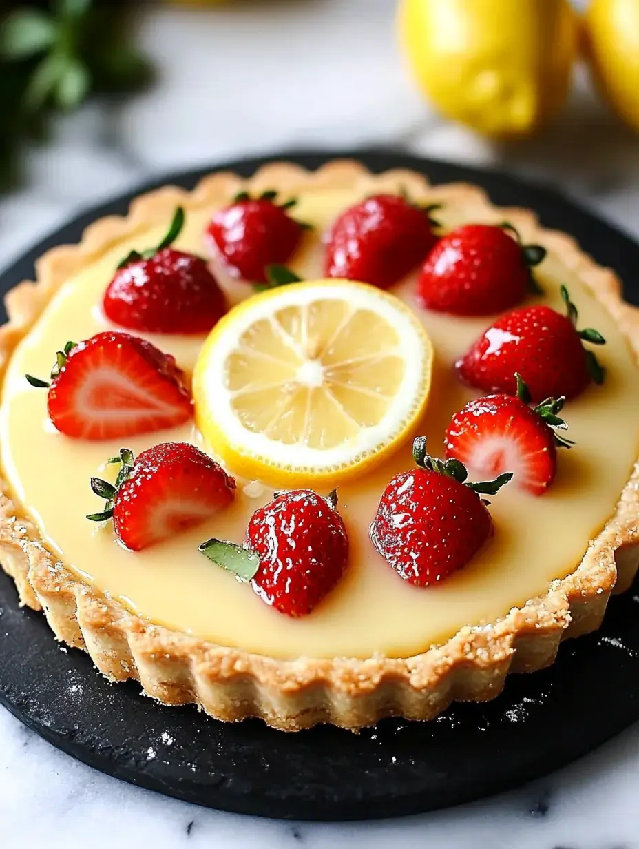 Une tarte au citron garnie de fraises et d’une tranche de citron, posée sur une assiette noire.