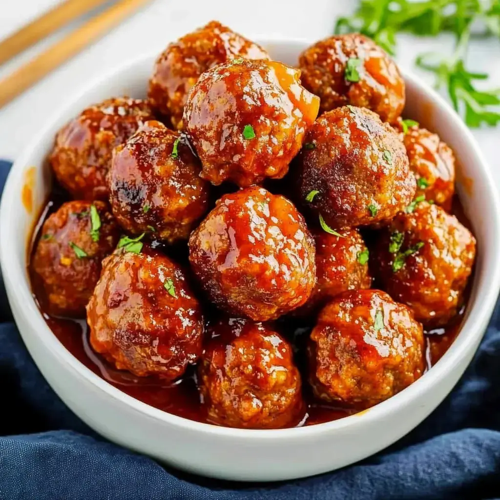 Bol de boulettes brillantes nappées de sauce, décorées d'herbes fraîches.