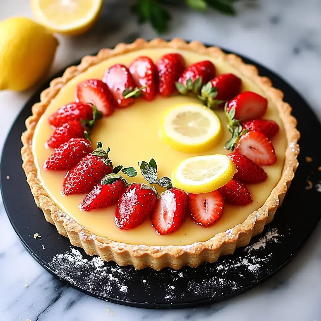 Une tarte citron avec fraises fraîches et rondelle de citron, servie sur assiette noire.