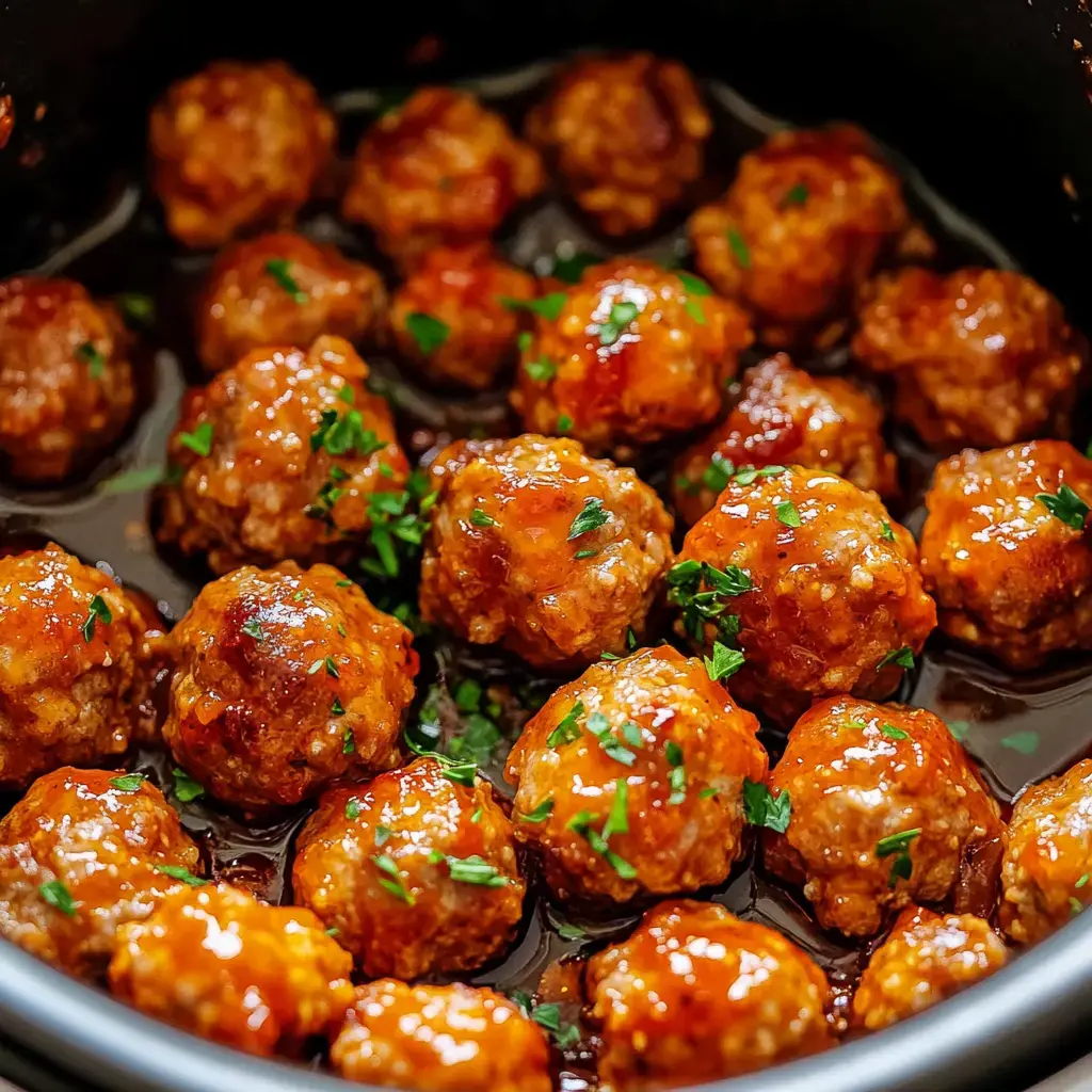 Vue rapprochée de boulettes brillantes, parsemées de persil, dans une sauce sombre, dans une mijoteuse.
