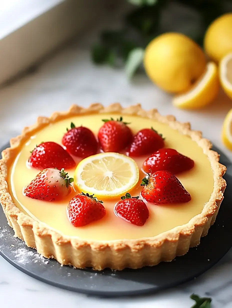 Tarte au citron avec fraises fraîches et rondelle, sur assiette foncée, citrons derrière.