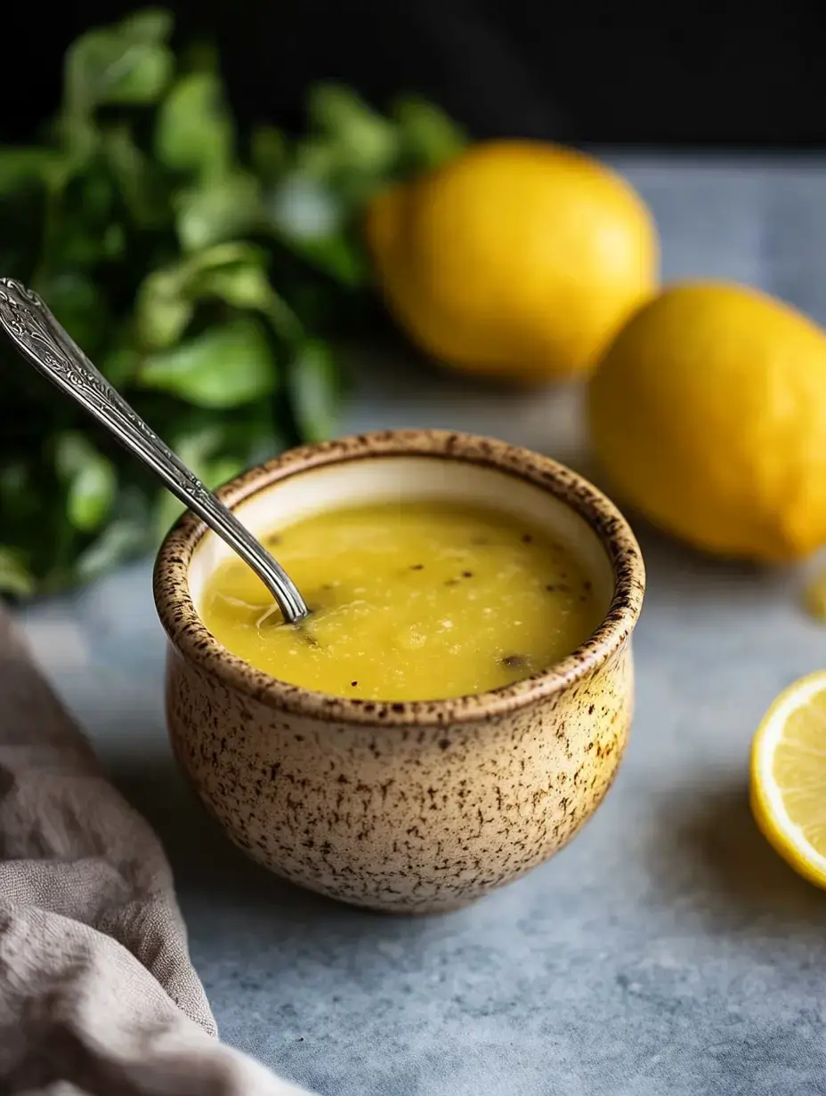 Un bol de sauce jaune avec une cuillère, entouré de citrons frais et de verdure.