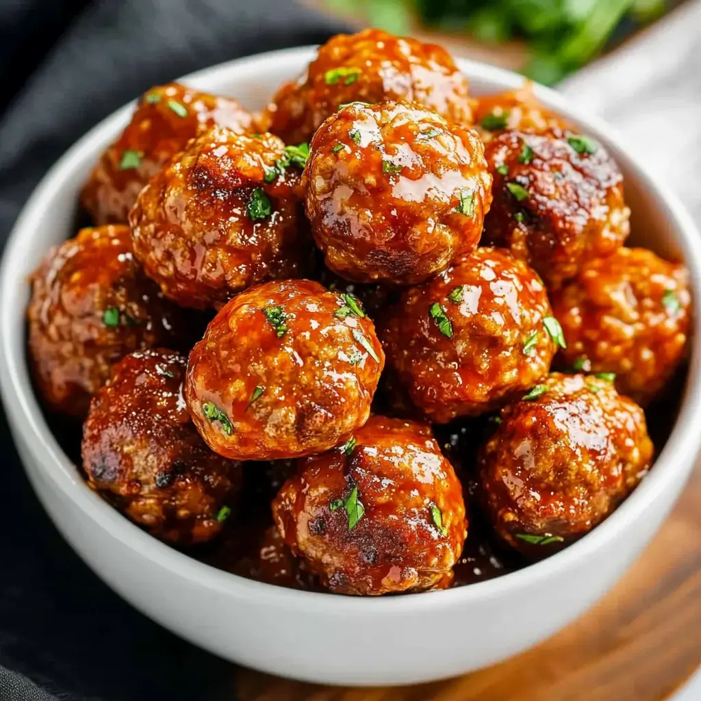 Gros plan d'un bol rempli de boulettes nappées de sauce brillante, parsemées de persil.