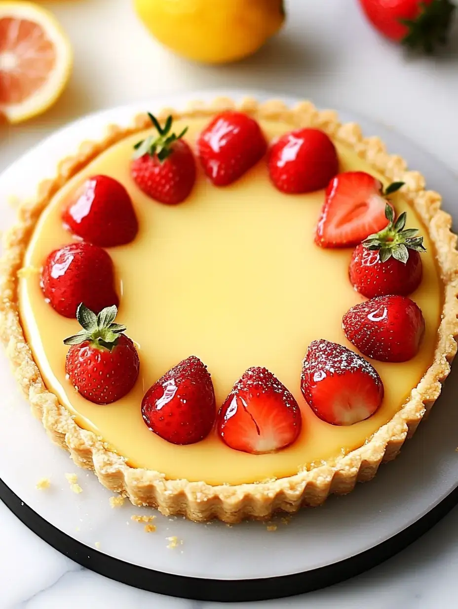 Délicieuse tarte au citron et fraises fraîches, servie sur plateau rond.
