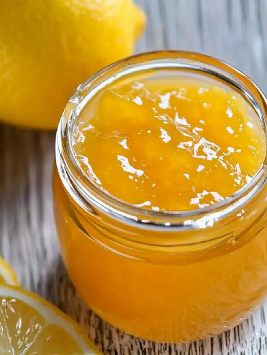 Un pot de gelée de citron posé sur une table en bois avec un citron entier et un demi-citron à côté.