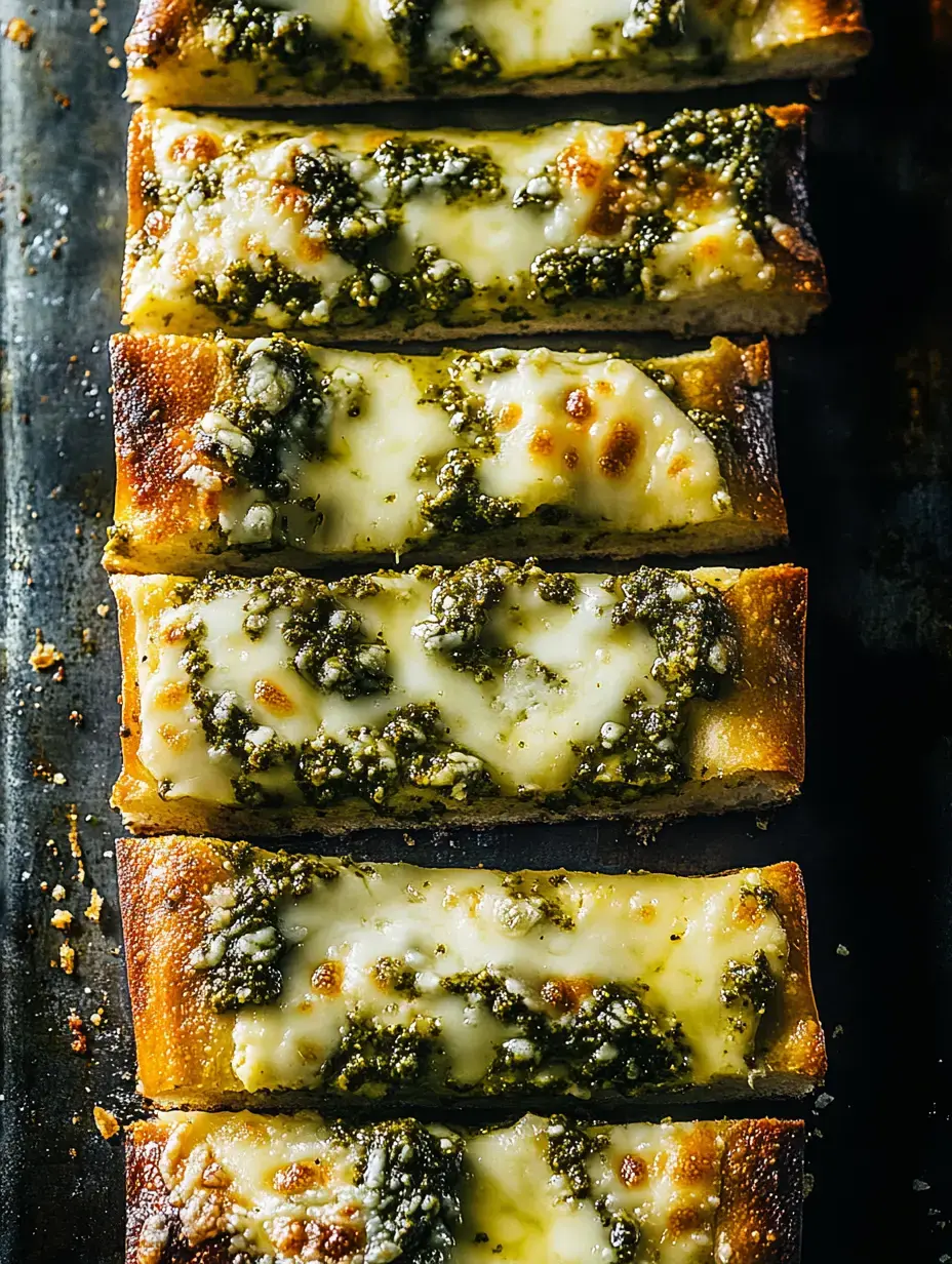 Gros plan sur des morceaux de pain grillés, nappés de fromage fondu et de pesto bien vert, alignés de façon soignée sur une plaque.