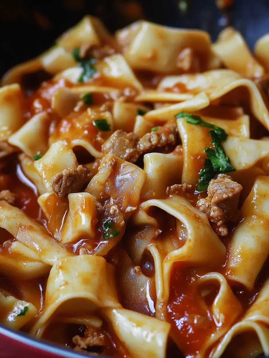 Un gros plan de larges rubans de pâte tirés dans une sauce tomate savoureuse avec de la viande et des herbes fraîches.
