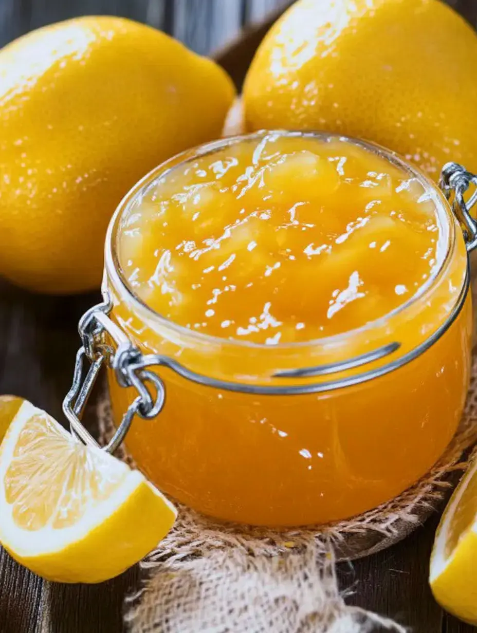 Un pot transparent de confiture de citron est posé sur une surface texturée, entouré de citrons entiers et d'un quartier de citron tranché.