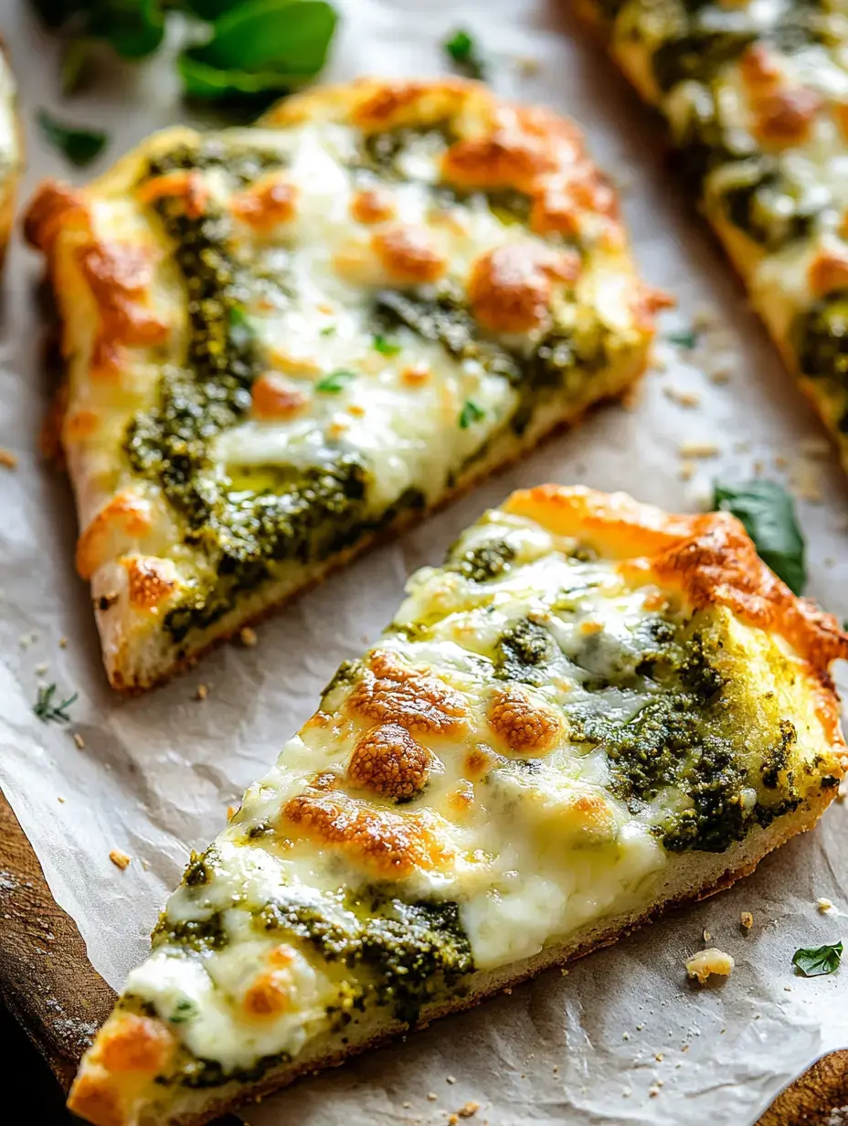 Une tranche qui ressemble à une pizza avec plein de fromage fondu et du pesto, posée sur du papier cuisson.