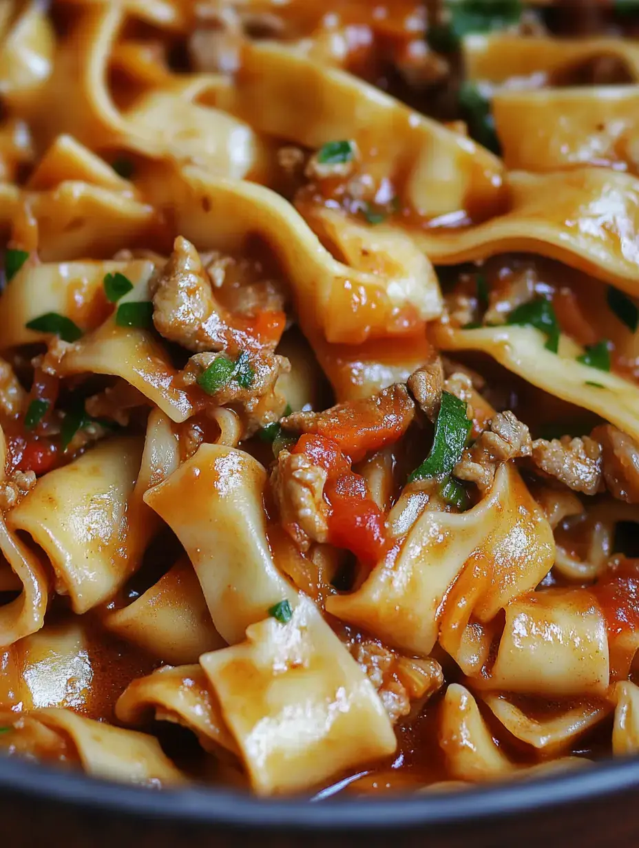 Zoom sur un plat bien généreux : larges pâtes, viande, tomates et herbes se mélangent dans une sauce parfumée.