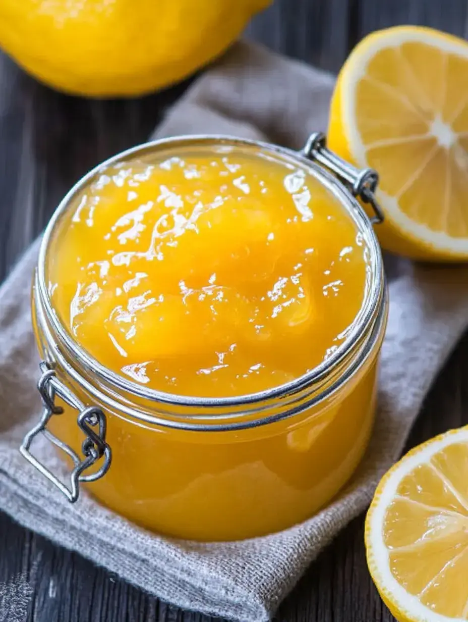 Un pot de lemon curd jaune vif est posé sur un linge, entouré de citrons frais.