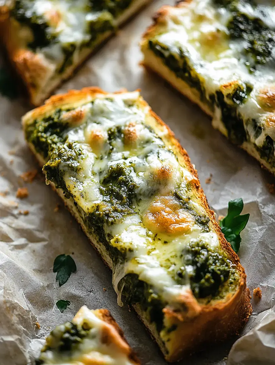 Pain grillé en gros plan, nappé de fromage fondu et de pesto vert vif, parsemé de persil frais.