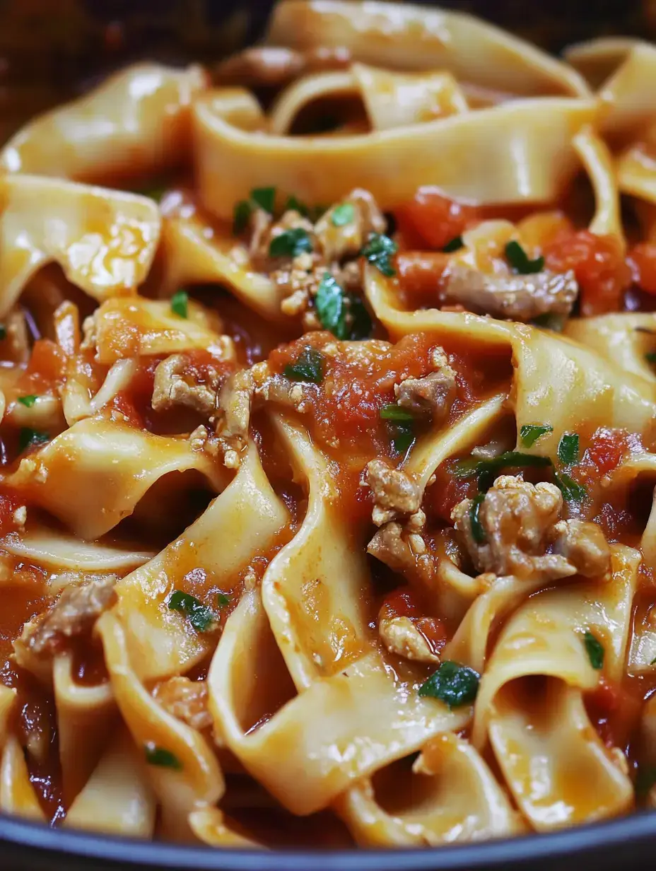Zoom sur des pâtes crémeuses mélangées dans une sauce viande-tomate et quelques herbes fraîches.
