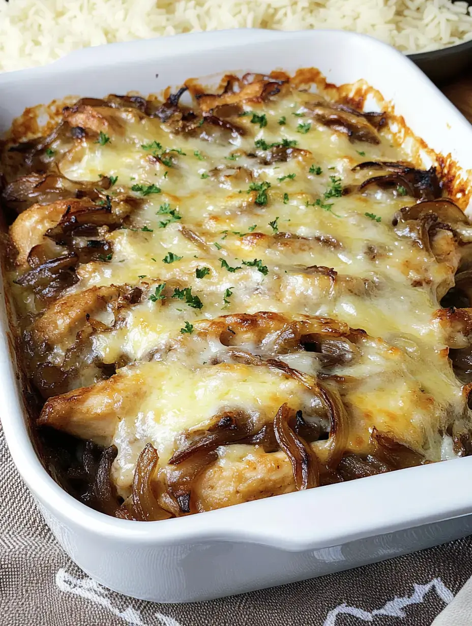 Un gratin crémeux de poulet et champignons recouvert de fromage fondu et garni de persil, servi dans un plat blanc.