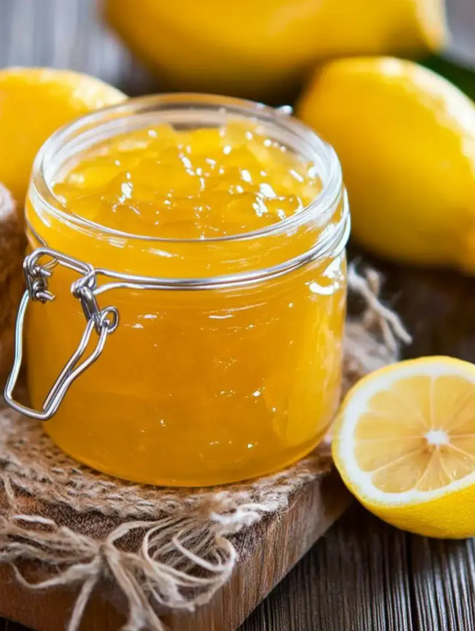 Un pot de confiture de citron posé sur une planche en bois, entouré de citrons frais et recouvert d’un bout de toile de jute naturelle.