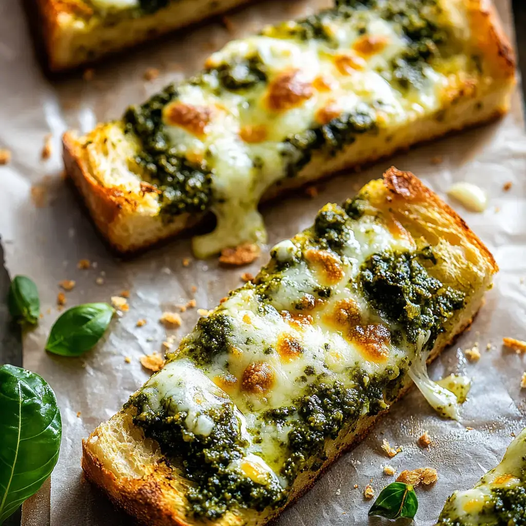 Trois parts de pain grillé garnies de fromage fondu et de pesto, posées sur une feuille avec du basilic frais à côté.