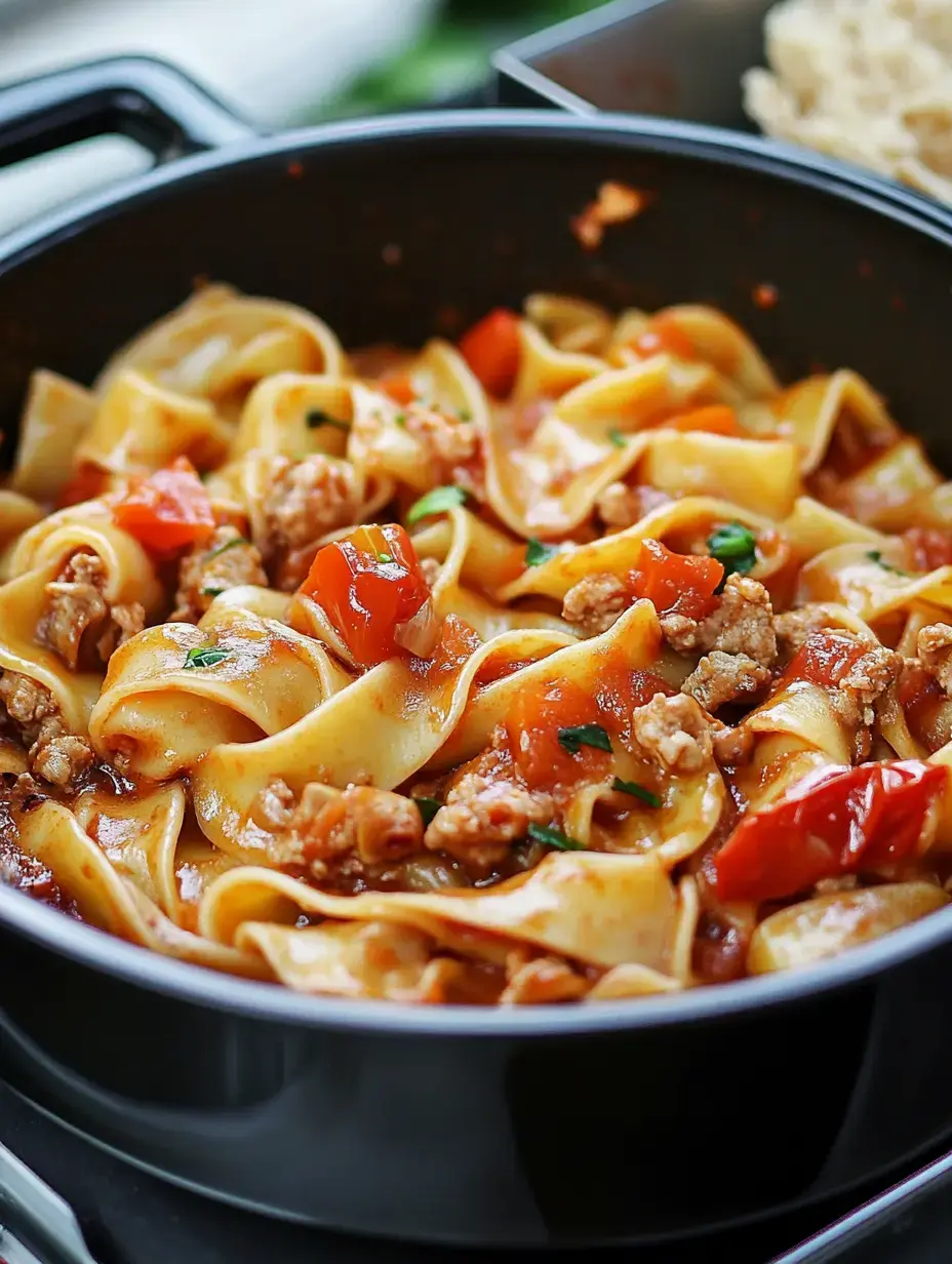 Dans la marmite, pâtes, viande, tomates et herbes baignent dans une sauce ultra gourmande.