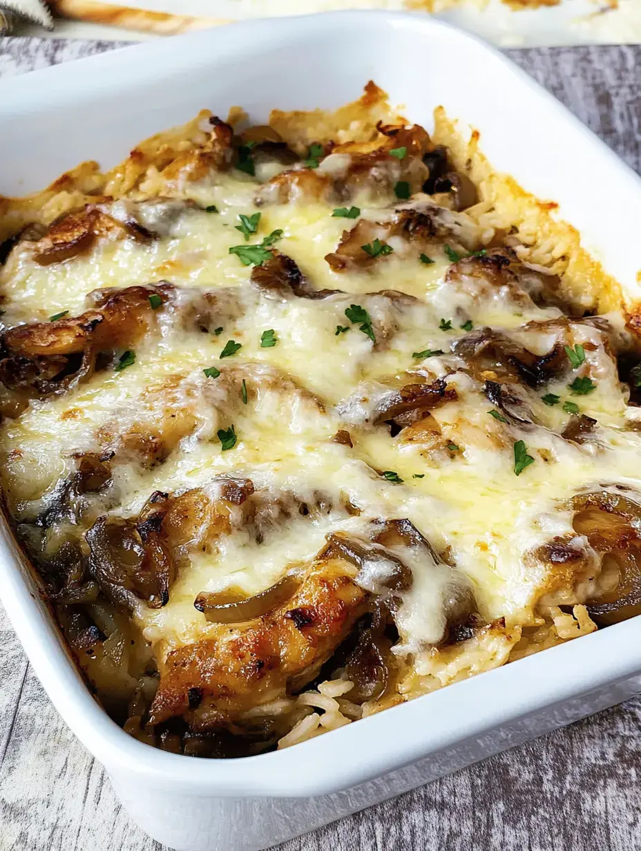Un plat au four avec du riz surmonté de fromage fondu, d'oignons sautés et de morceaux de poulet, garni de persil.