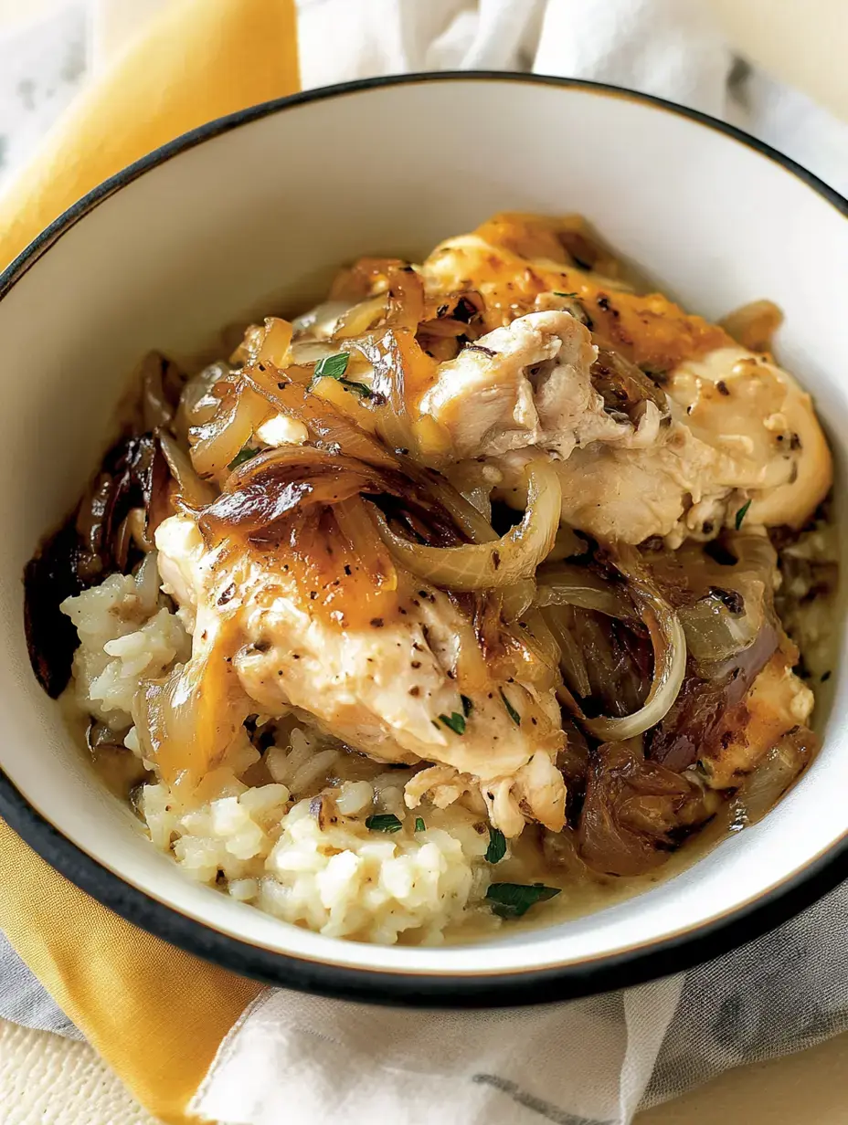 Un bol de poulet aux oignons caramélisés servi sur du riz, garni d'herbes fraîches.