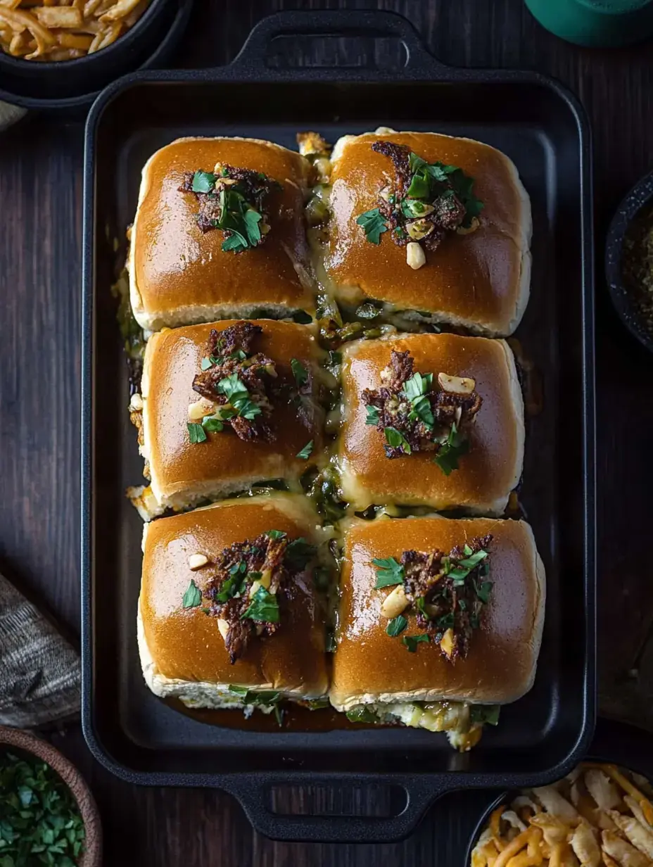 Un plat de six mini-burgers au fromage, couverts d’herbes fraîches et de petits éclats croustillants, accompagnés de nouilles en garniture.