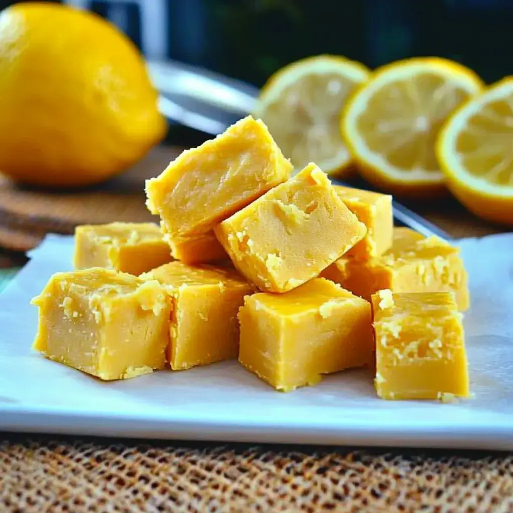 Une pile de carrés de fudge au citron sur une assiette blanche, des citrons frais derrière.