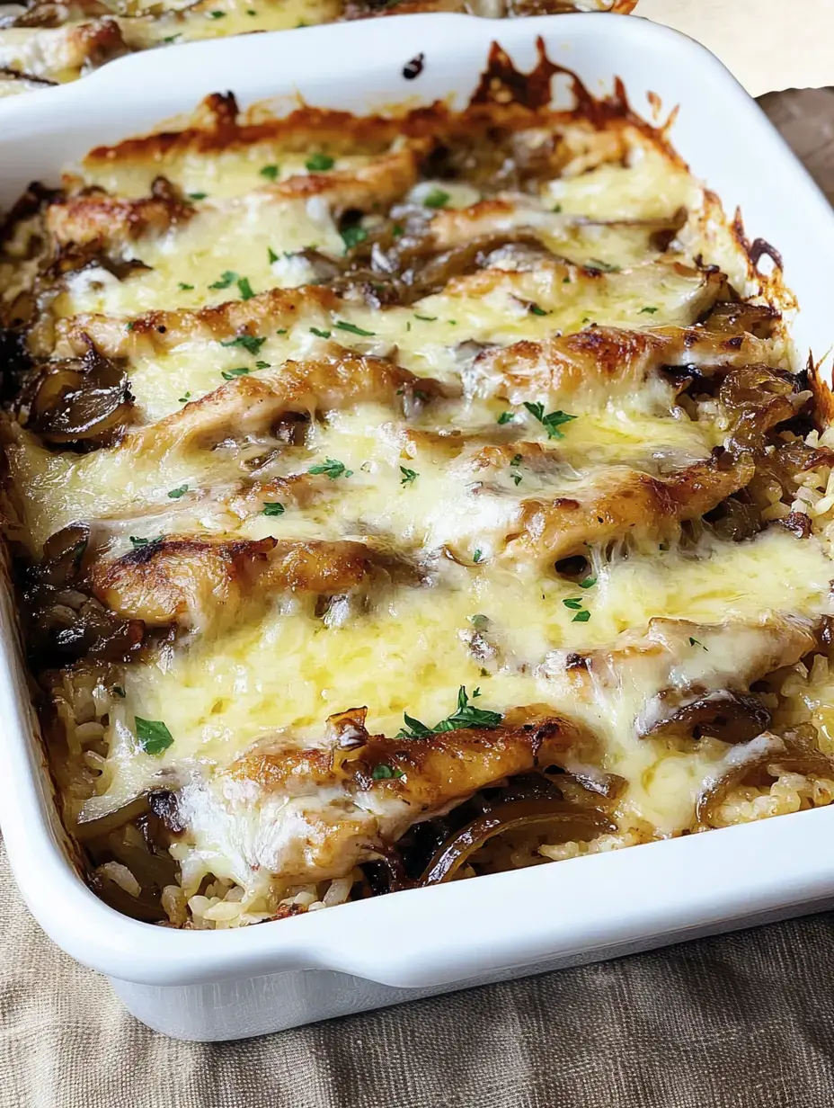 Un gros plan d'un plat cuit au four présentant des couches de poulet tendre, de fromage fondu, d'oignons sautés et de riz, garni de persil frais.