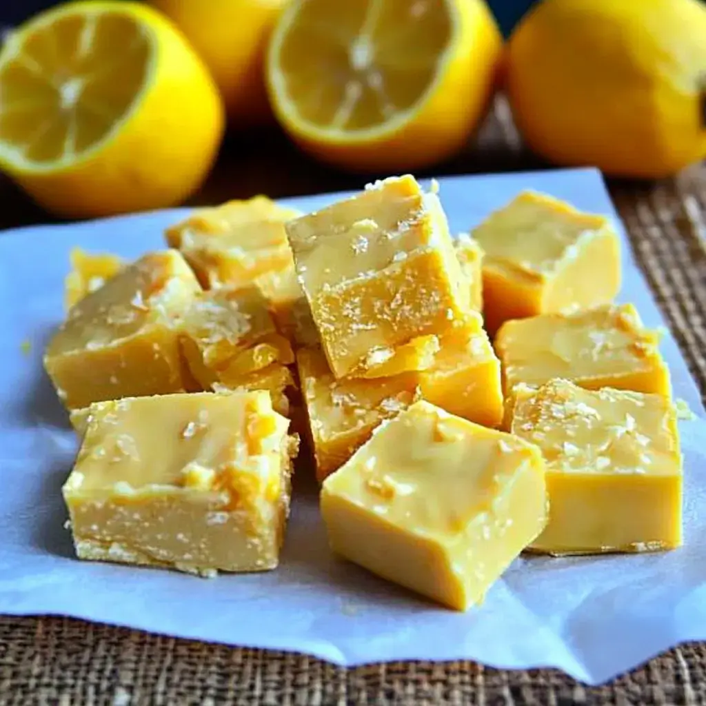 Un tas de carrés de fudge au citron sur du papier blanc, des citrons entiers et coupés derrière.
