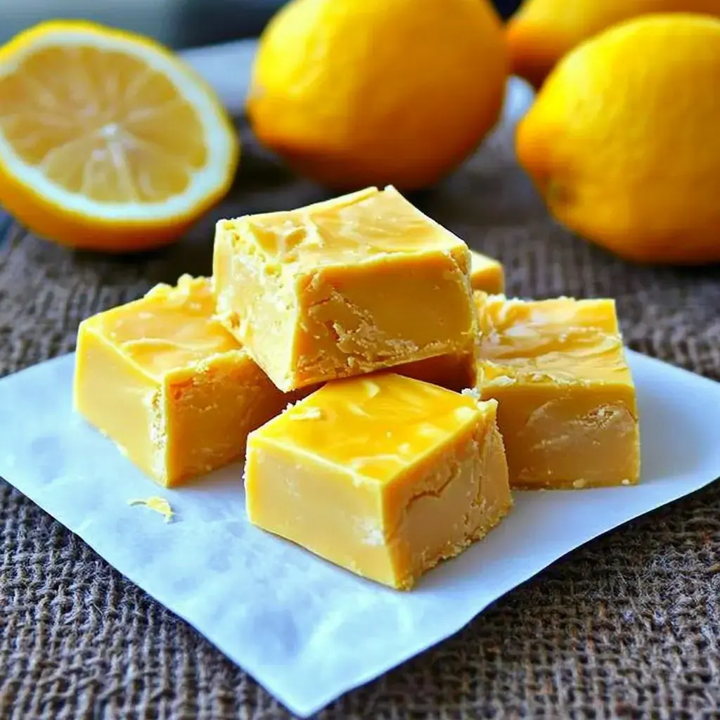 Des carrés de fudge au citron empilés sur du papier blanc, des citrons entiers et coupés derrière.