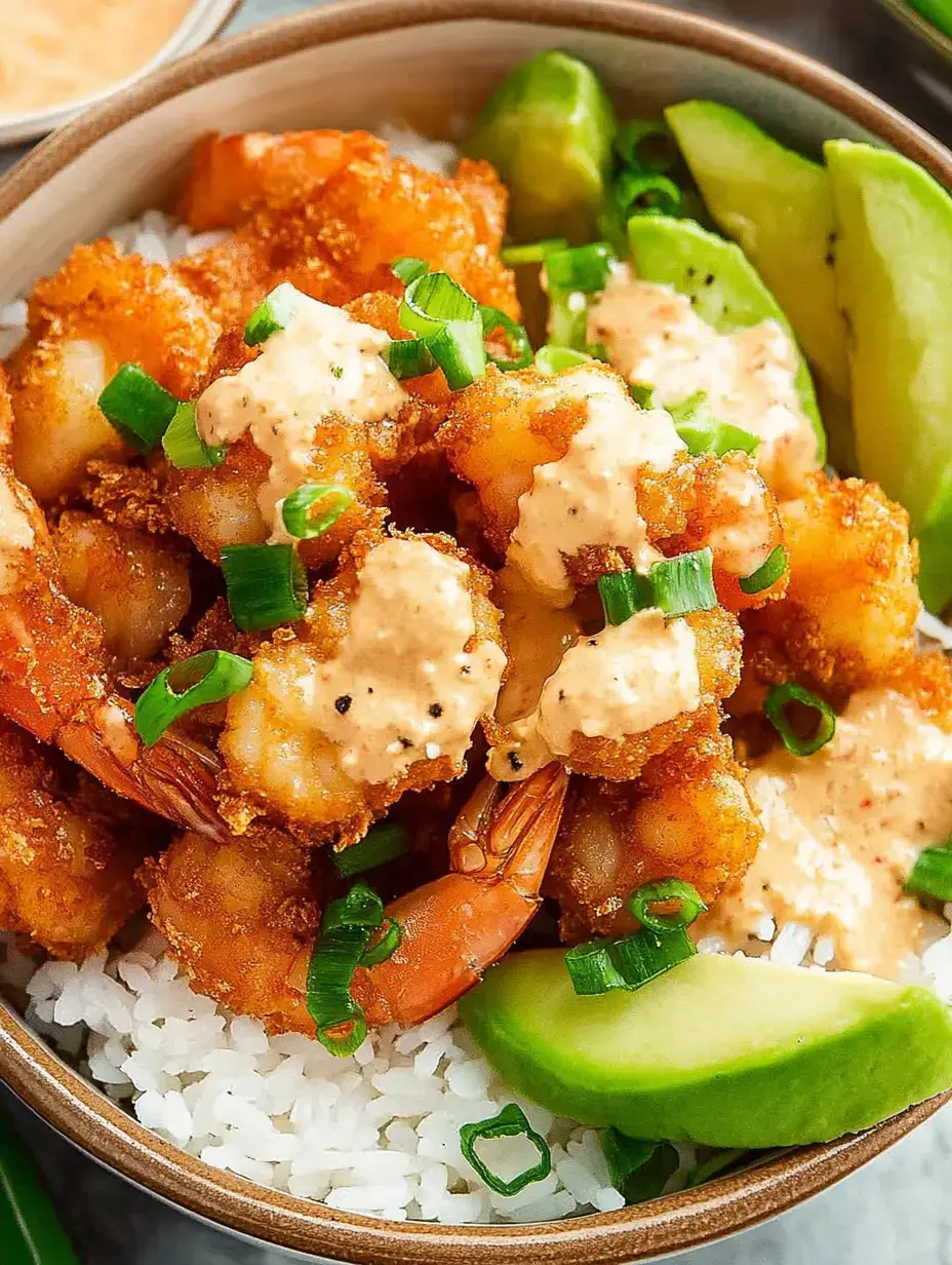 Un bol de crevettes frites servies sur du riz blanc, garnies de ciboulette et d'une sauce crémeuse, accompagnées de tranches d'avocat vert.