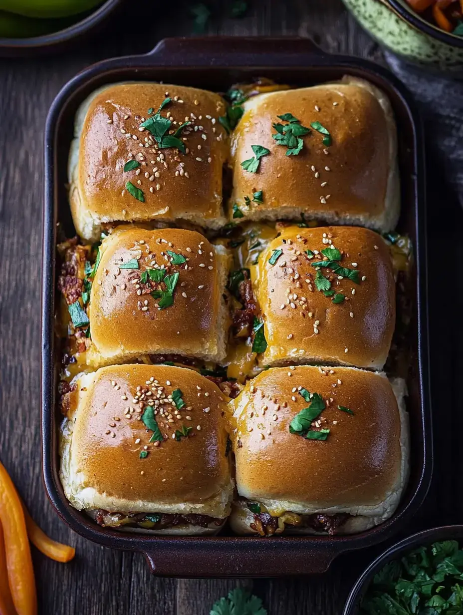 Vue rapprochée sur un plat de petits pains au sésame garnis de viande et fromage, parsemés de persil frais.