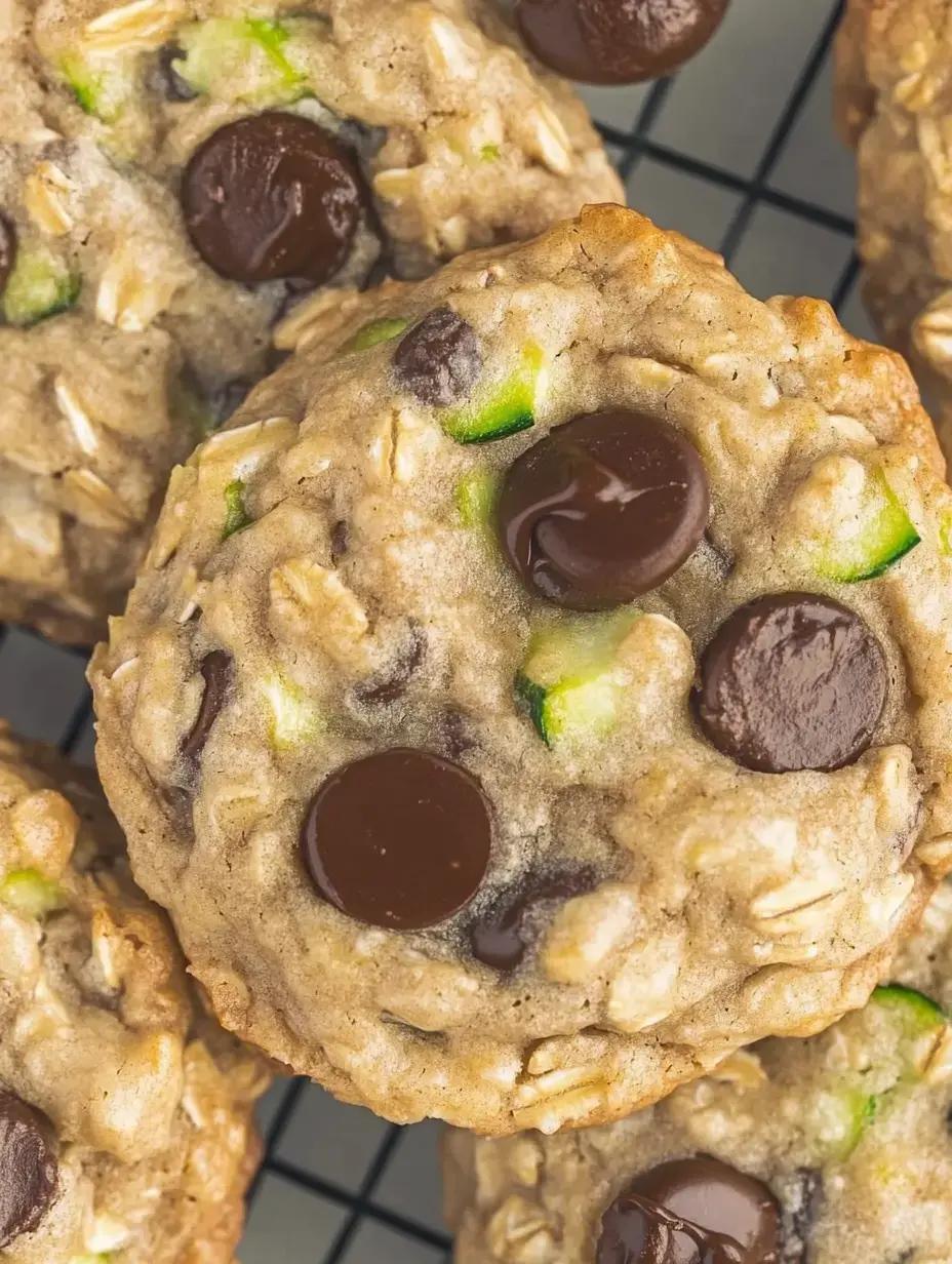 Zoom sur des biscuits avoine chocolat avec des touches de pomme verte, reposant sur une grille.