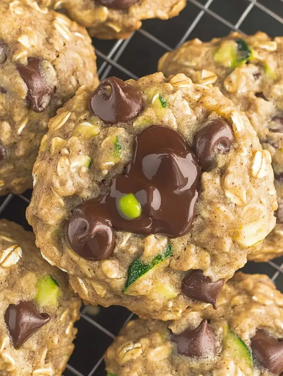 Zoom sur des biscuits avoine chocolat et petits morceaux de courgette verte à la sortie du four.