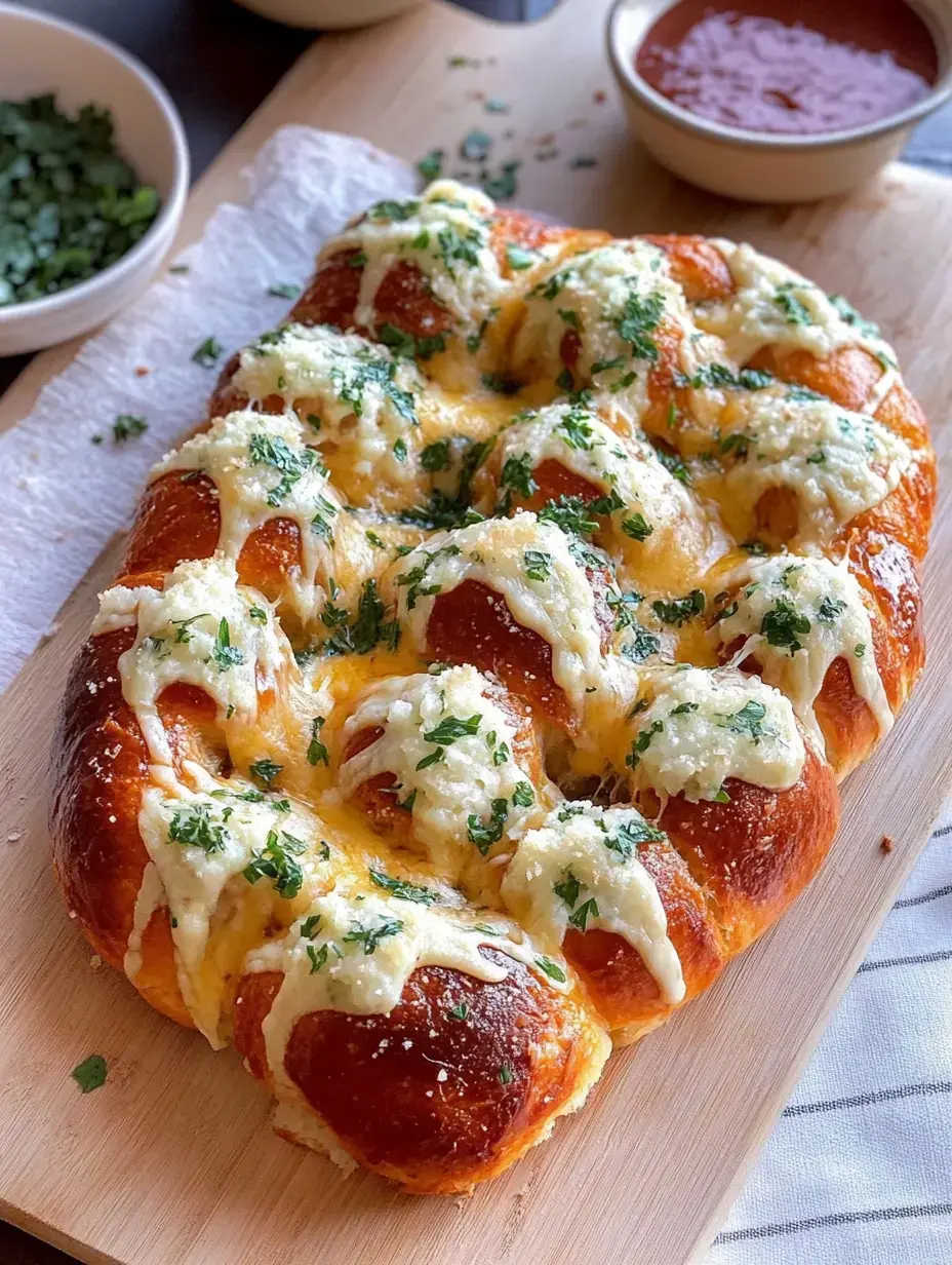 Un pain au fromage tout juste sorti du four, garni d’herbes fraîches, sur une planche en bois avec petits bols de sauce et herbes hachées.