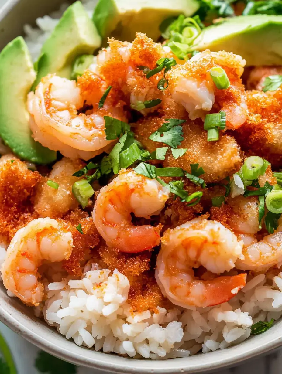 Un bol de riz blanc garni de crevettes, tranches d'avocat, ciboulette, et parsemé d'herbes fraîches.