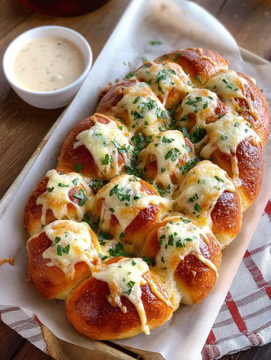 Un pain au fromage encore chaud, saupoudré de persil, servi avec une coupelle de sauce pour tremper.
