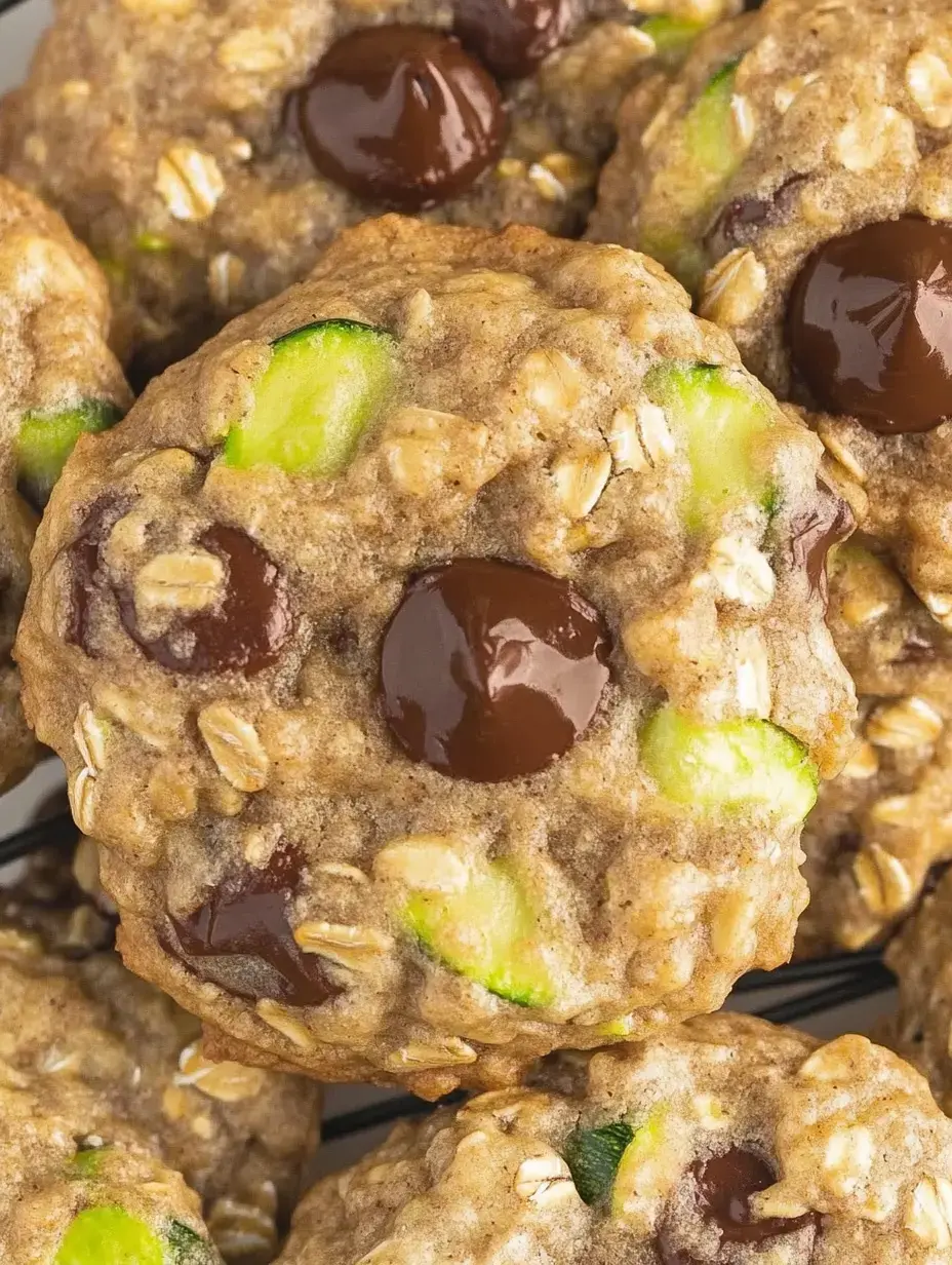 Zoom sur des biscuits à l’avoine, pépites de chocolat et morceaux de courgette verte.