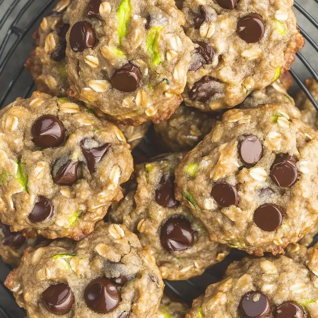 Zoom sur des cookies moelleux aux pépites de chocolat et éclats de courgette verte, posés sur une grille.