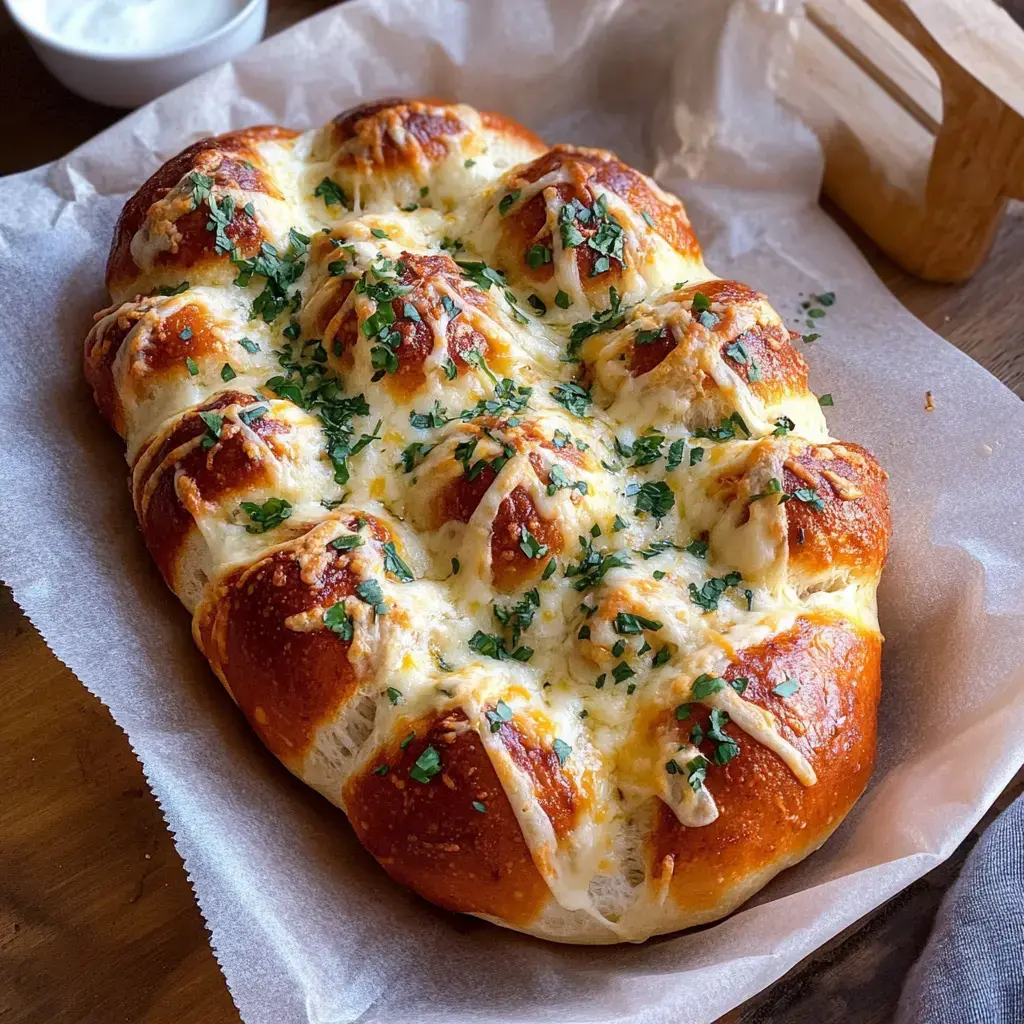 Un pain au fromage croustillant, parsemé d’herbes fraiches, posé sur du papier cuisson.