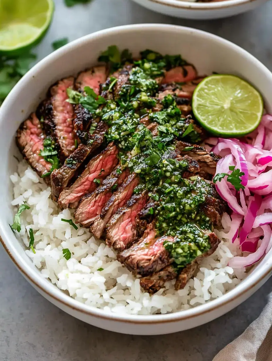 Un bol de tranches de bavette grillée sur un lit de riz blanc, garni de sauce verte, coriandre fraîche, oignons marinés et quartier de citron vert.