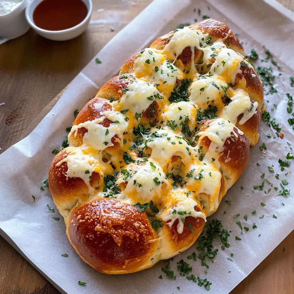 Une brioche dorée au fromage, garnie d’herbes fraîches, posée sur du papier cuisson, petites sauces en arrière-plan.
