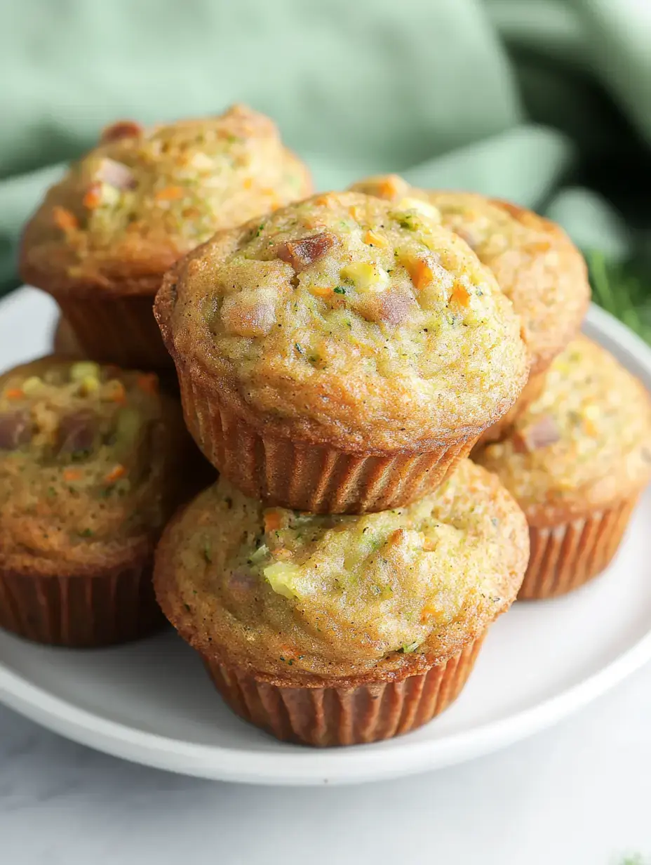 Pile de muffins tout juste sortis du four, bien dorés avec des légumes, présentés sur une assiette blanche.