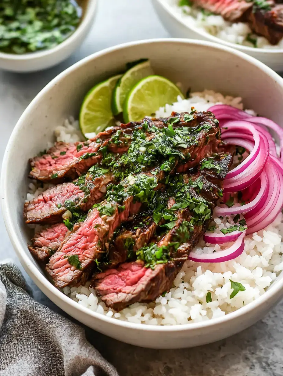 Un bol de riz garni de tranches de bavette grillée, herbes fraîches, oignons rouges marinés et quartiers de citron vert.