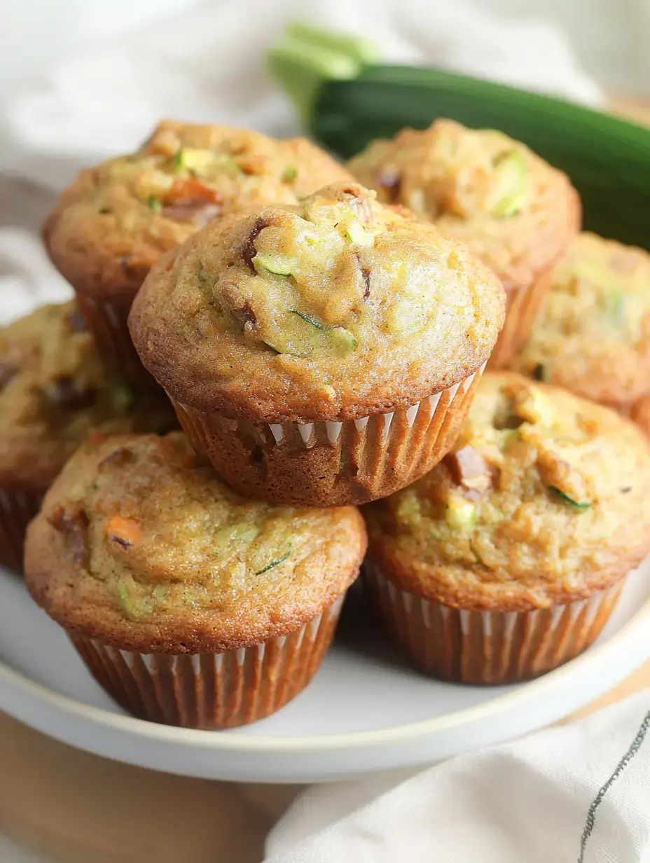 Grosse pile de muffins courgette sur assiette blanche, avec une courgette entière derrière.